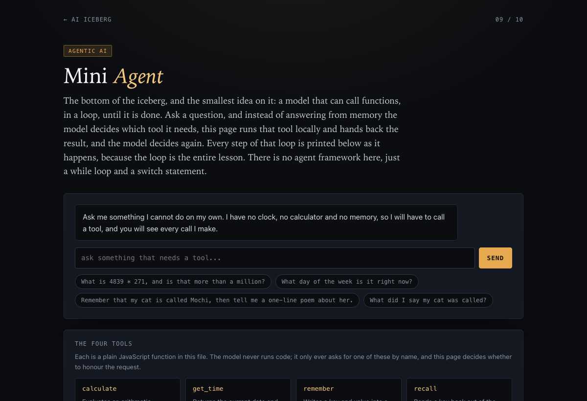 The mini agent page showing its four tools and the conversation panel